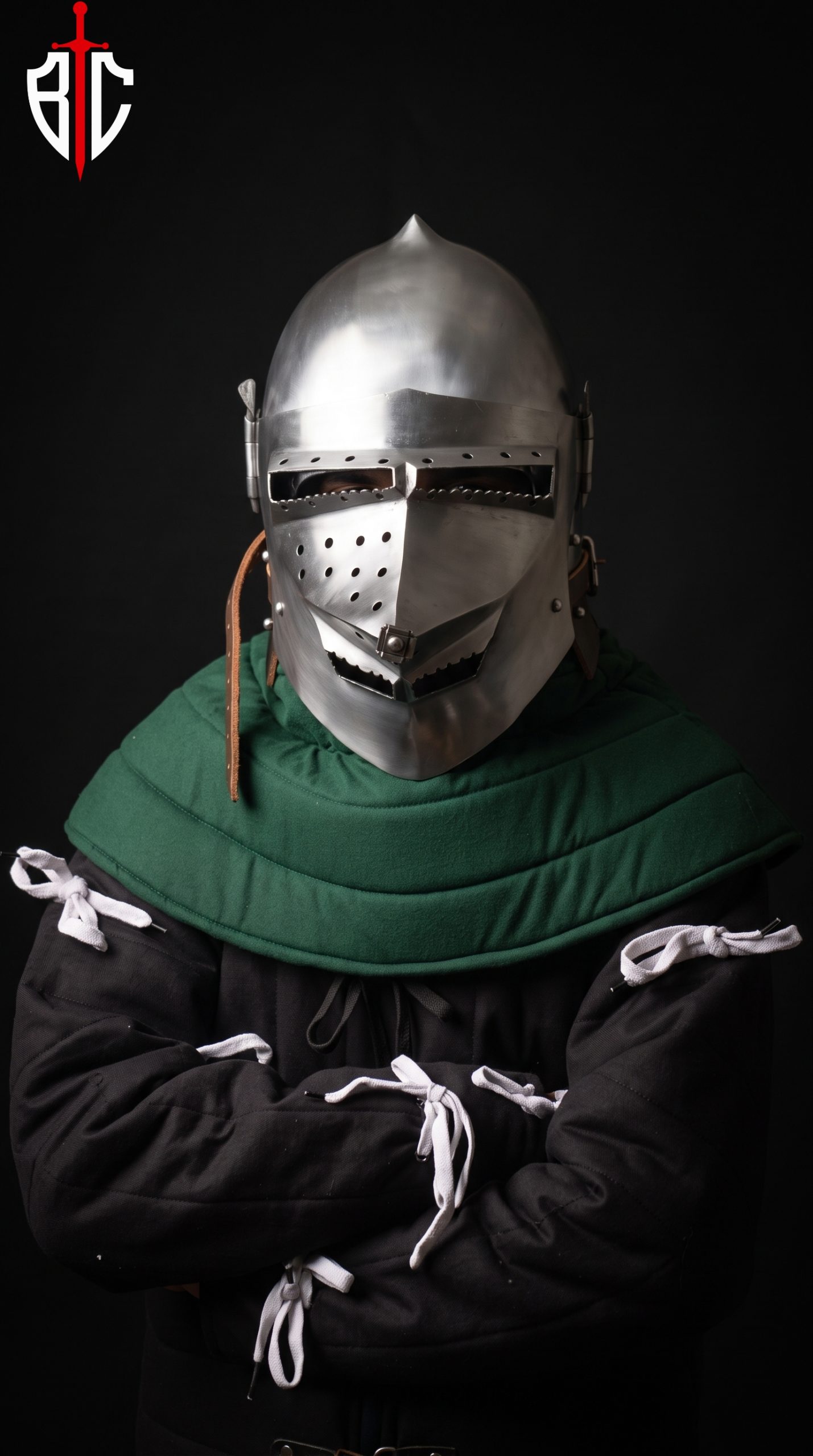 Houndskull Bascinet Helmet - Steel Combat Helmet with Padded Coif for Buhurt & SCA